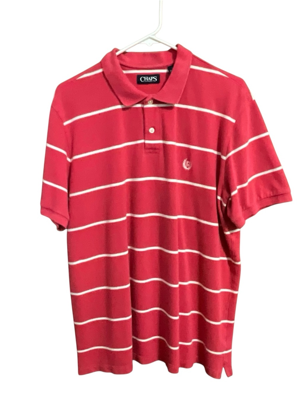Chaps Men’s Pink Polo with White Stripes Size Large
